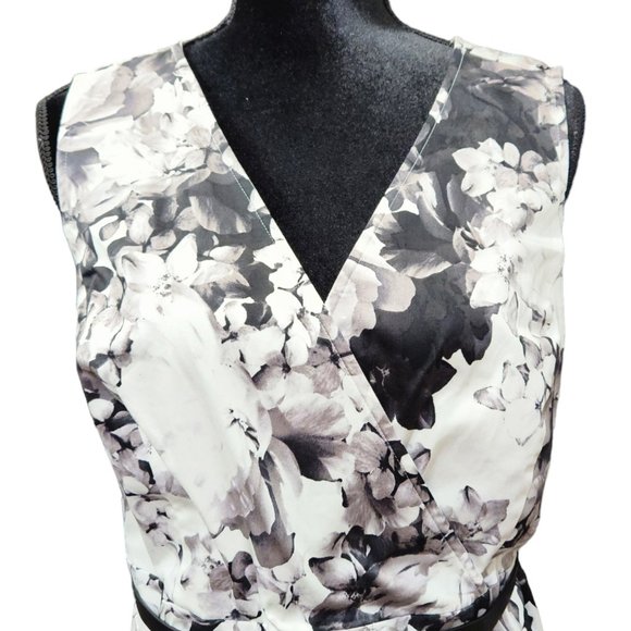 NWT Lane Bryant Black Gray White Floral Surplice Fit Flare Stretch w/ Belt 18 - Picture 4 of 10